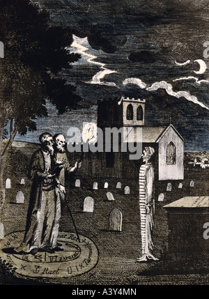 superstition, necromancy, necromancers John Dee and Edward Kelly invoking dead woman, colour engraving, Great Britain, early 19th century, private collection, historic, historical, Europe, esotericism, occultism, magic, graveyard, night, moon, church, tombstone, tombstones, ghost, ghosts, people, Stock Photo