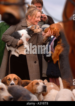 A WOMAN INTRODUCES HER TERRIER PET DOG TO THE HOUNDS OF THE CROOME AND WEST WARWICK HUNT Stock Photo