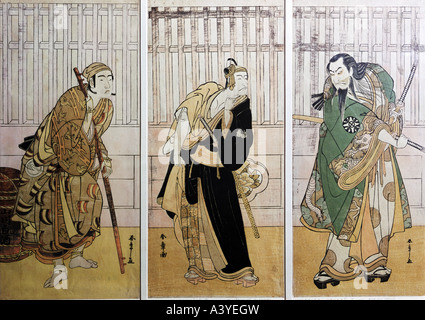 'fine arts, Shunsho, Katsukawa, (1747 - 1800), graphics, 'the actors Riko Nakamura, Matsuke Onoe I and Nakazo Nakamura I', cir Stock Photo