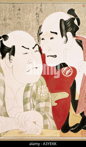 'fine arts, Sharaku, Toshusai, (active 1785 - 1796), graphics, 'actor portraits', colour woodcut, private collection, Zürich, Stock Photo