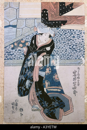'fine arts, Japan, graphics, 'festively dressed lady in kimono with gift package', early 19th century, colour woodcut, 37 cm x Stock Photo