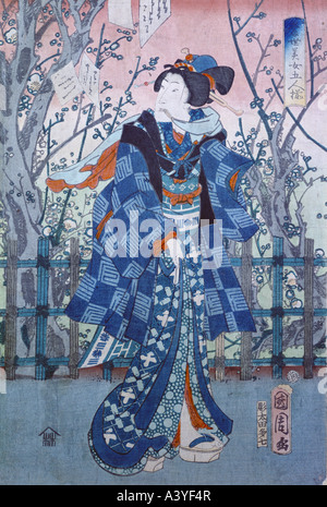 'fine arts, Japan, graphics, 'lady in kimono', early 19th century, colour woodcut, Gutenberg Museum, Mainz, historic, historic Stock Photo