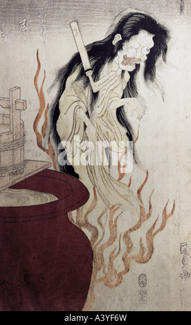 'fine arts, Kunisada, Utagawa, (1786 - 1864), graphics, 'the actor Matsusuke Onoe II as ghost of Kasané', from play 'Kasanega Stock Photo