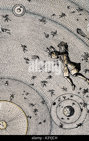 astronomy, man in space, sun, earth and planets, colour engraving, France, 18th century, private collection, historic, historical, Europe, solar system, universe, floating, people, Stock Photo