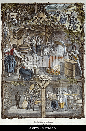 food and beverages, cheese, presentation board, 'village cheese dairy in Switzerland', colour wood engraving, after drawing by H.Jenny, from 'Die Gartenlaube', Leipzig, circa 1855, private collection, , Stock Photo