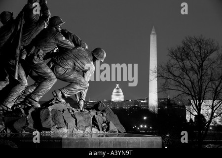 Arlington Marine Corps War Memorial aka as the Iwo Jima Statue; Lincoln memorial; Washington Monument and the US Capitol. DC USA Stock Photo