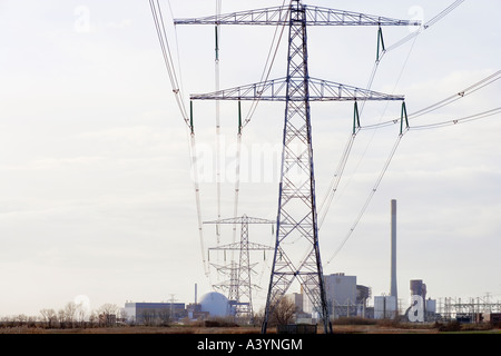 Borssele EPZ Nuclear Power Station, Plant, to the left. Coal-fired power plant to the right. Pylons. Dutch Holland Netherlands. Stock Photo