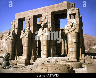 travel /geography, Egypt, Thebes, buildings, Ramesseum, Temple of Pharaoh Ramesses II, exterior view, second court, Osiris pillars, circa 1298 - 1213 B.C., historic, historical, Africa, architecture, ancient world, New Kingdom, 20th dynasty, 13th century B.C., god,UNESCO World Cultural Heritage Site, ancient world, Stock Photo