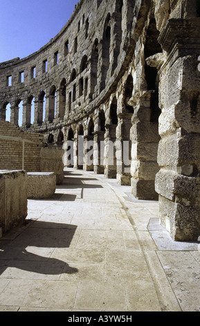 travel /geography, Croatia, Pula, amphitheatre, interior view, outer wall, built 1st century A.D. under emperor Augustus, historic, historical, Europe, Istria, architecture, ancient world, Roman Empire, arena, ancient world, Stock Photo