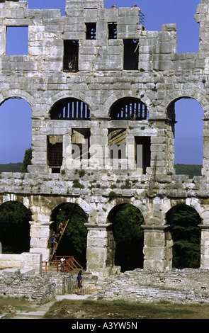 travel /geography, Croatia, Pula, amphitheatre, interior view, view at outer wall and tribune, built 1st century A.D. under emperor Augustus, historic, historical, Europe, Istria, architecture, ancient world, Roman Empire, arena, ancient world, Stock Photo