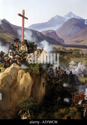 events, War of the Fifth Coalition 1809, Tyrolian uprising, Battle of Wörgl 13.6.1809, painting by Peter von Hess (1792 - 1871), detail, Residenz Munich, Napoleonic Wars, Austria, Tyrol, Tyrolians, Andreas Hofer, 19th century, historic, historical, Worgl, Woergl, people, Stock Photo