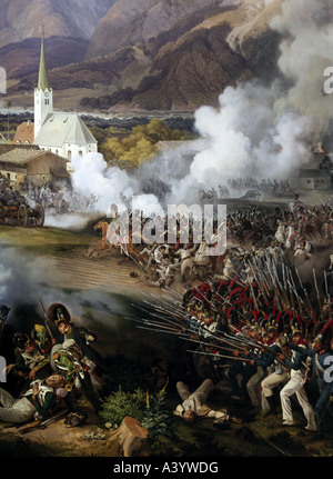 events, War of the Fifth Coalition 1809, Tyrolian uprising, Battle of Wörgl 13.6.1809, painting by Peter von Hess (1792 - 1871), detail, Residenz Munich, Napoleonic Wars, Austria, Tyrol, Bavarians, Bavarian soldiers, infantry, cavalry, 19th century, historic, historical, Worgl, Woergl, people, Stock Photo