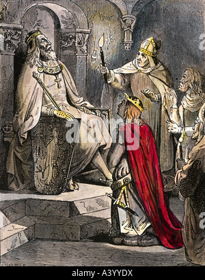 Otto III, 15.7.980 - 24.1.1002, Holy Roman Emperor 21.5.996 - 24.1.1002, in the tomb of Charlemagne at Aachen, coloured woodcut Stock Photo