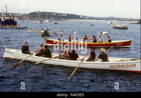 Gig racing off the island of St Mary s Isles of Scilly Cornwall, 1990's, U.K. Stock Photo