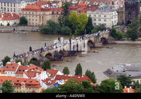 View of Charles Bridge and River Vltava from observation tower in Petrin Park Stock Photo