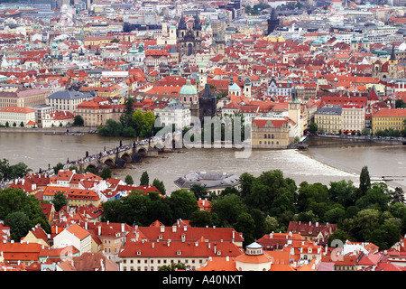 View of Charles Bridge and Prague Old Town and River Vltava from observation tower in Petrin Park Stock Photo