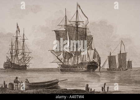 British navy vessels from the 18th and 19th century. From a print dated 1820 engraved by Milton Stock Photo