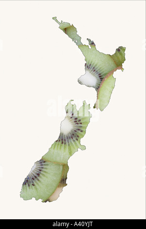 New Zealand map over Kiwi fruit Stock Photo