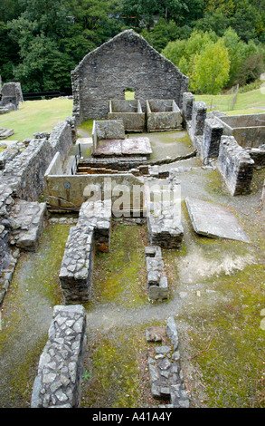 Remains of 19th century Bryntail Lead Mine below dam of Clywedog reservoir Powys Mid Wales UK Stock Photo