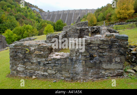 Remains of 19th century Bryntail Lead Mine below dam of Clywedog reservoir Powys Mid Wales UK Stock Photo