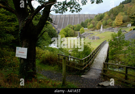 Remains of 19th century Bryntail Lead Mine below dam of Clywedog reservoir Powys Mid Wales UK Stock Photo