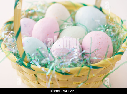 Easter eggs in a basket Stock Photo