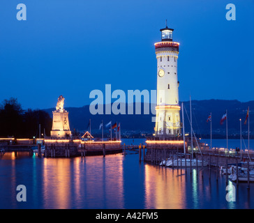 Germany Lake Contance Lindau harbor entrance lighthouse lion statue Stock Photo