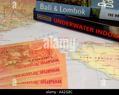 Map Denpasar Bali Lombok Indonesia Guidebook Rough Guide Bali Lombok Dive Sites Indonesia currency Indonesian rupiah Stock Photo