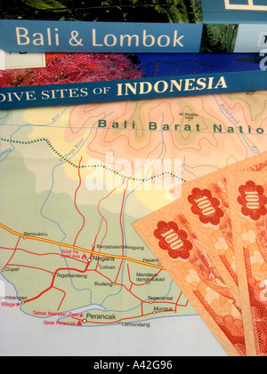 Map Denpasar Bali Lombok Indonesia Guidebook Rough Guide Bali Lombok Dive Sites Indonesia currency Indonesian rupiah Stock Photo