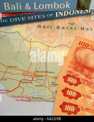 Map Denpasar Bali Lombok Indonesia Guidebook Rough Guide Bali Lombok Dive Sites Indonesia currency Indonesian rupiah Stock Photo