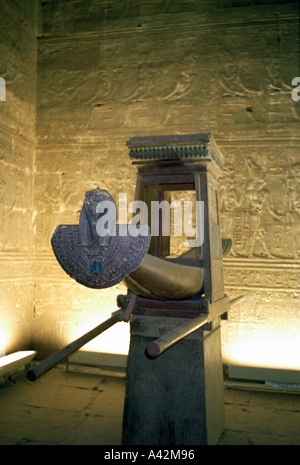 A reproduction of the wooden barque which would contain the statue of Horus for procession in the temple of Horus at Edfu Egypt Stock Photo