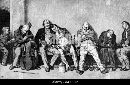 engraving of exhausted musicians from Harpers New Monthly Magazine 1890 91 Stock Photo