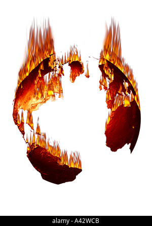 burning map of the world earth brennende Erde Weltkarte Stock Photo