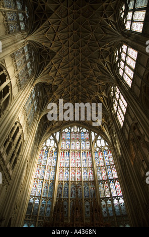 Great East window and Lierne vaulting of Gloucester Cathedral choir vault South transept Gloucestershire UK Stock Photo