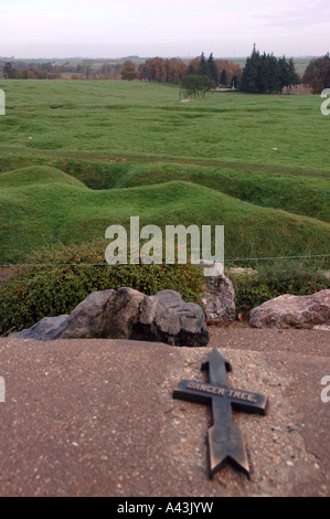 Arrow pointing towards the Danger Tree at the Newfoundland Memorial at Beaumont-Hamel, France Stock Photo