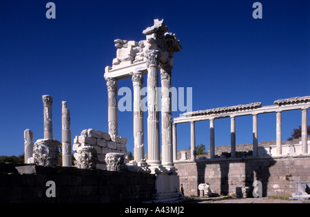 Monumental stone foundations and reconstructed Corinthian columns of the Roman Temple of Trajan at the Pergamon acropolis in Bergama Turkey Stock Photo