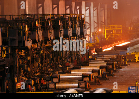 Steel slab being rolled on the Hot strip mill at Corus Llanwern steelworks Newport South Wales UK Stock Photo