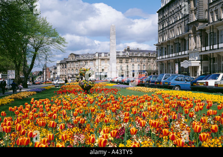 Tulips and wallflowers in bloom, Prospect Gardens, Harrogate, North Yorkshire, England, UK. Stock Photo