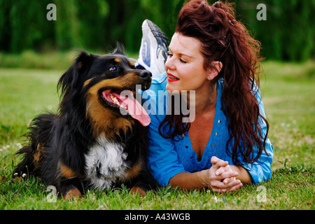 Domestic dog mixed breed with owner Model Released Stock Photo