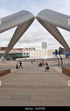 Millenium Place Coventry In the backgound is Coventry Transport Museum in the forground is the Whittle Arch Stock Photo