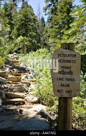 CALIFORNIA Lake Tahoe Desolation Wilderness Permit Required sign along trail to Eagle Lake steps on steep trail Stock Photo