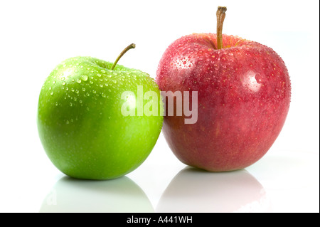 Read and Green apple s isolated on white reflective surface Stock Photo