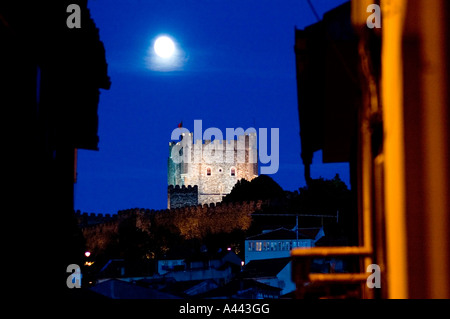 Full moon over the old town keep TORRE DE MENAGEM in the CIDADELA or fortress in BRAGANCA Portugal Stock Photo