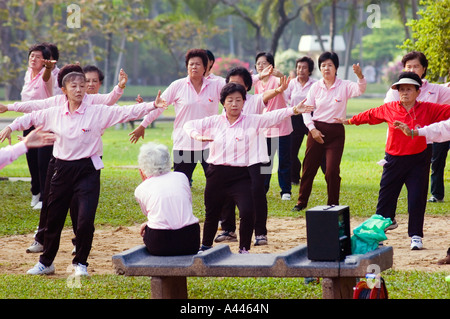 Tai Chi for Thai seniors morning exercise in Lumpini Park, Bangkok Stock Photo