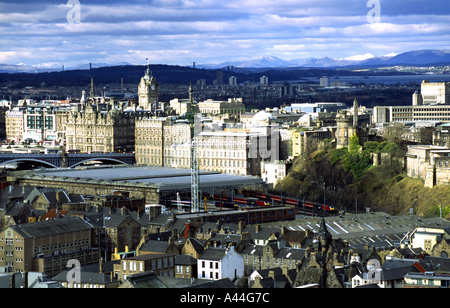 Waverley Railway Station in Edinburgh from Salisbury Crags Stock Photo