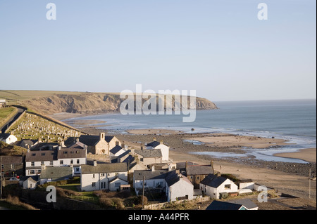 ABERDARON GWYNEDD NORTH WALES UK January View down on this small and ancient village & unusual St Hywyn's Church building Stock Photo