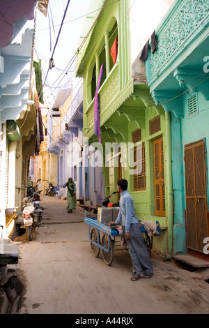 India Rajasthan Bundi narrow street of traditionally painted houses Stock Photo