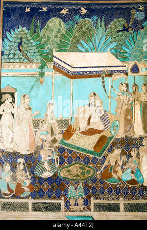 India Rajasthan Bundi Garh Palace Chitrasala mural wall painting of womens royal court scene Stock Photo