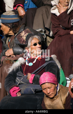 India Ladakh Leh Spitok Festival traditionally dressed Ladakhi woman on the crowd Stock Photo