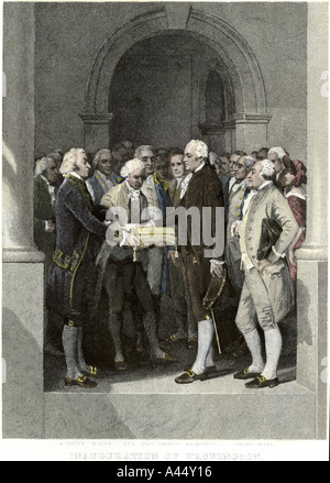 Inauguration of President  George Washington in New York City 1789. Hand-colored steel engraving Stock Photo